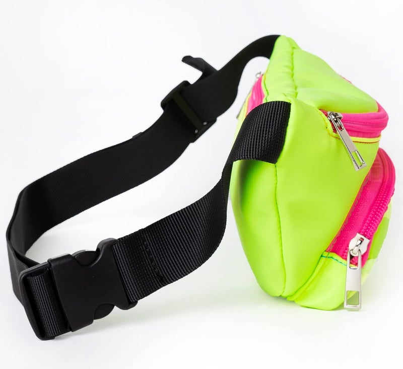 FOLGOS Three Pockets Neon Retro 80s Fanny Pack for Women Men Travel Festival Theme Party Vintage Rave Accessories Plus Size Belt Bag Neon Green - Image 5